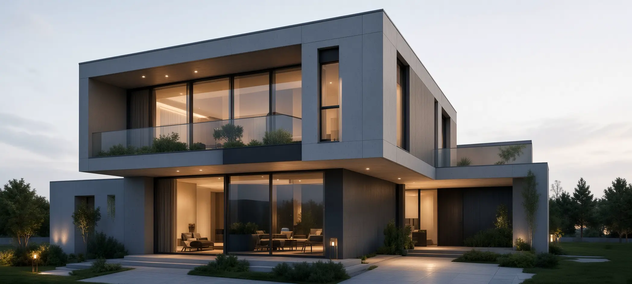 Edificio residencial moderno al atardecer